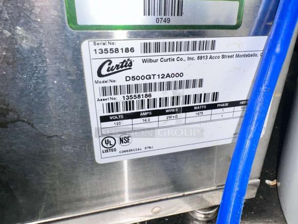 Curtis D500GT12A000 Coffee Brewer, pristine condition, 120V, fully tested, silver, UL and NSF listed, visible model label.