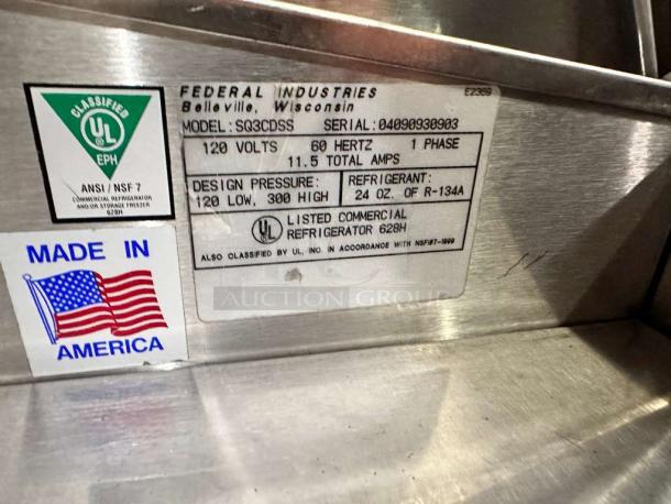 Federal Industries SQ3CDSS label shows 120V, 60Hz, 1 phase, Made in USA. Pristine condition, fully tested refrigerated prep table.