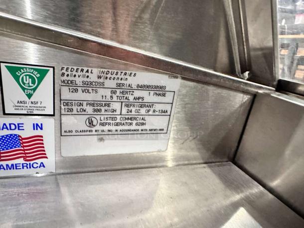 Pristine Federal Industries SQ3CDSS prep table, 120V, UL listed. Label shows model, serial, voltage, and USA origin.