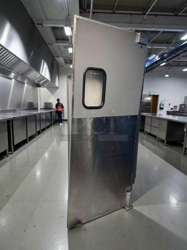 Eliason Hangar 19 commercial walk-in traffic door, outstanding condition, fully tested, steel construction, window insert.