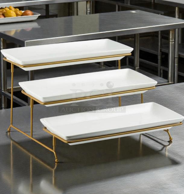 Pristine Our Table Hayden 3-Step Rectangular Server; white porcelain with gold frame; perfect condition for buffet display.