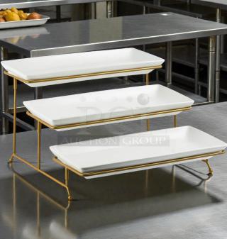 Pristine Our Table Hayden 3-Step Rectangular Server; white porcelain with gold frame; perfect condition for buffet display.