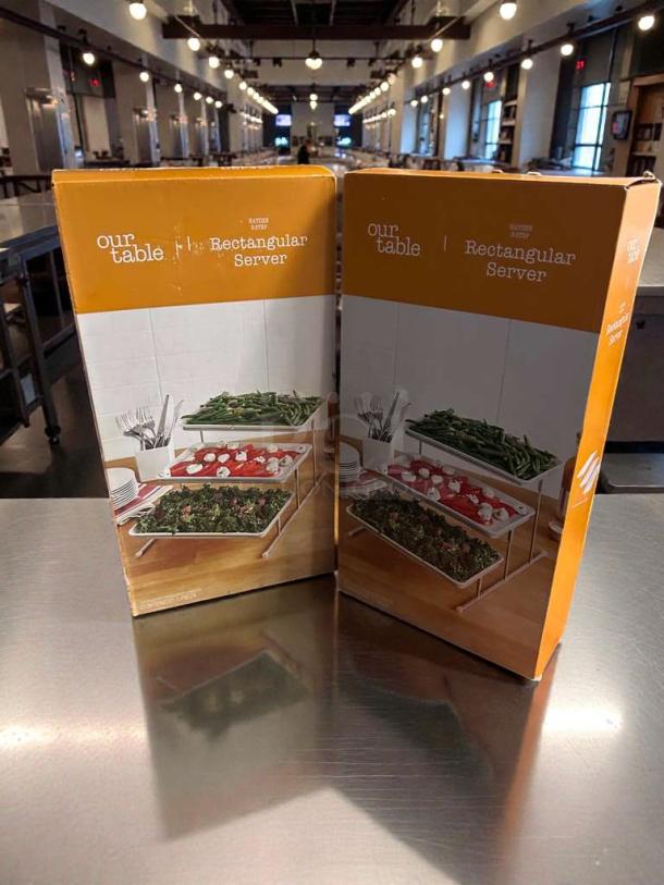 Our Table Hayden 3-Step Rectangular Server in pristine condition, boxed, ideal for buffet or tabletop display.