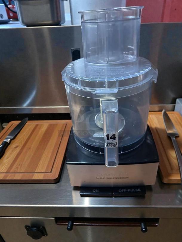 Cuisinart 14-Cup Food Processor, outstanding condition, 120V, fully tested and working, features clear bowl and lid.