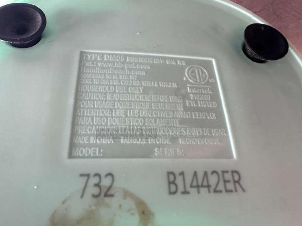 Hamilton Beach 732 drink mixer label showing model number, series B1442ER, and electric specifications, fully tested.