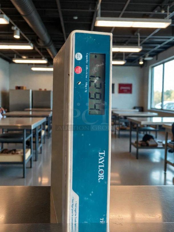 Taylor TE22OS digital countertop portion control scale in very good condition, displaying a reading. Capacity: 22lb/10kg.