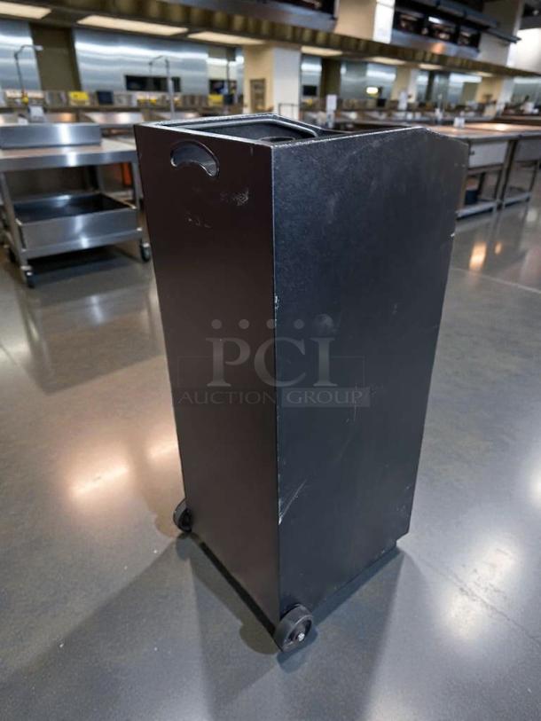 Black server station cabinet on wheels, in pristine condition, fully tested, ready for use in restaurant settings.