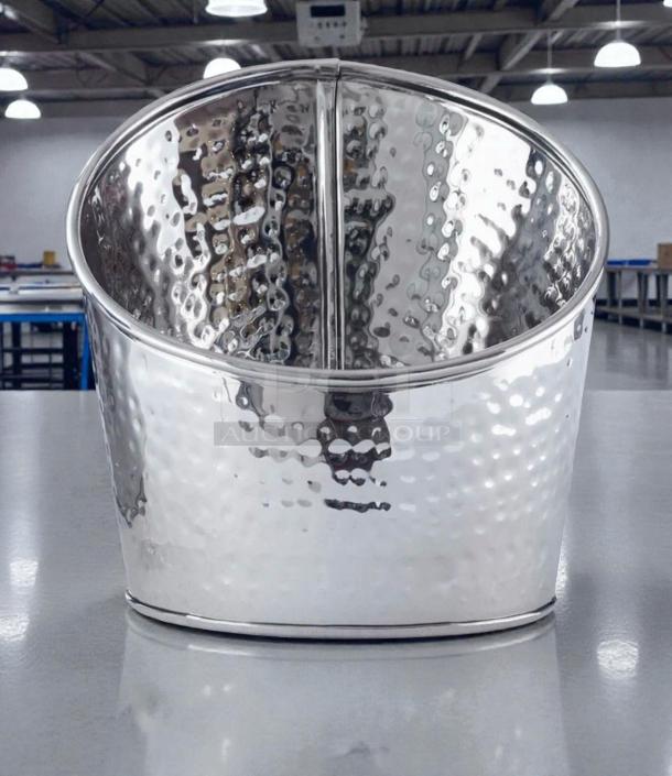 Pristine hammered stainless steel ice bucket/wine cooler; fully cleaned, ready to use, reflective surface, deep basin.