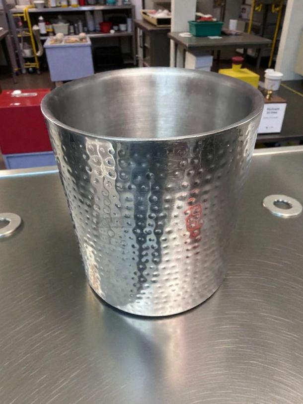 Pristine hammered stainless steel ice bucket; wine cooler in mint condition, fully cleaned and ready to use.