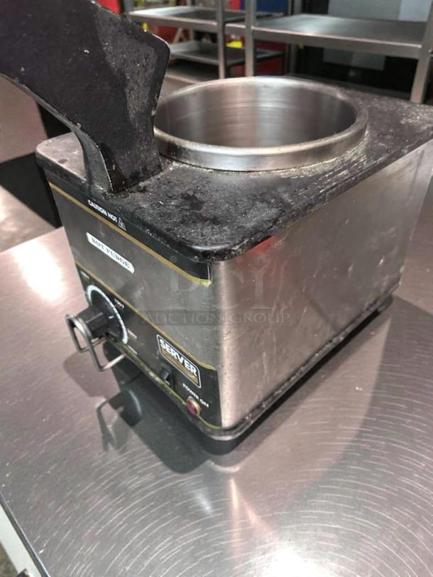 Server FSPW-SS Hot Fudge Warmer, single well, stainless steel, 120V, fully tested, superior condition, labeled "Caution Hot".