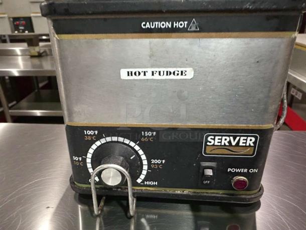 Server FSPW-SS Single Well Hot Fudge Warmer, 120V, excellent condition, labeled "Hot Fudge," temperature dial visible.