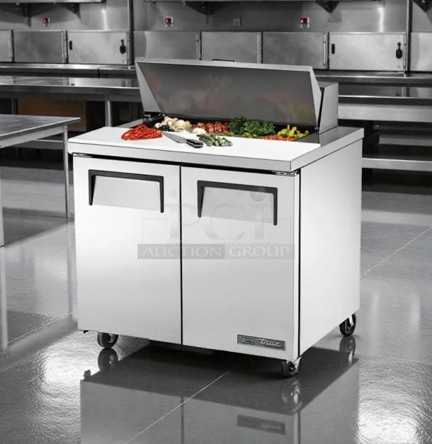 True TSSU-36-08 refrigerated sandwich prep table, very good condition, 115v, fully tested, stainless steel finish.