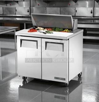 True TSSU-36-08 refrigerated sandwich prep table, very good condition, 115v, fully tested, stainless steel finish.