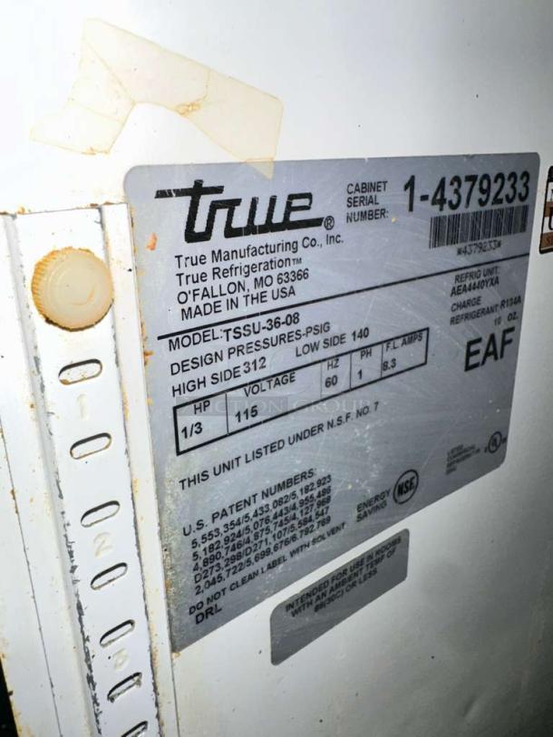 True TSSU-36-08 prep table label detail, showing model info and specs, in very good condition with 115v voltage.