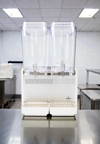 Crathco D25-4 dual beverage dispenser, outstanding condition, 115V, fully tested, clear containers, branded front panel.