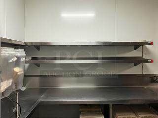 Custom Omniteam 8x8 ft all stainless steel corner wall shelves. L-shaped, 15" depth. Unique find, excellent condition.