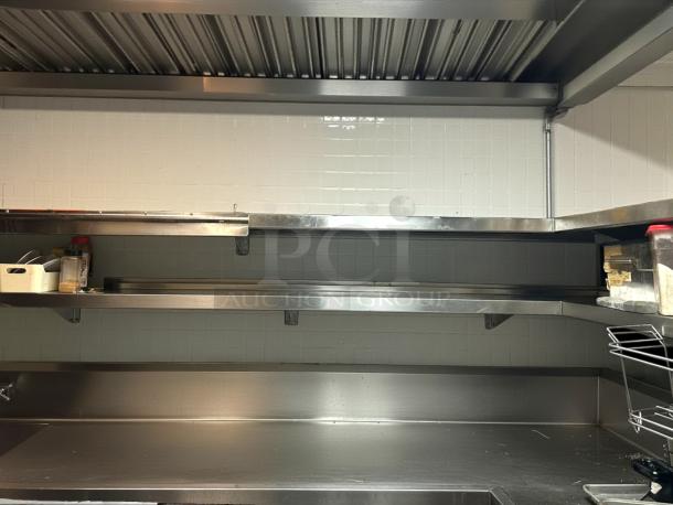 Omniteam 8x8 ft stainless steel L-shape corner wall shelves, 15" depth, pristine condition, ideal for kitchens. Unique find!