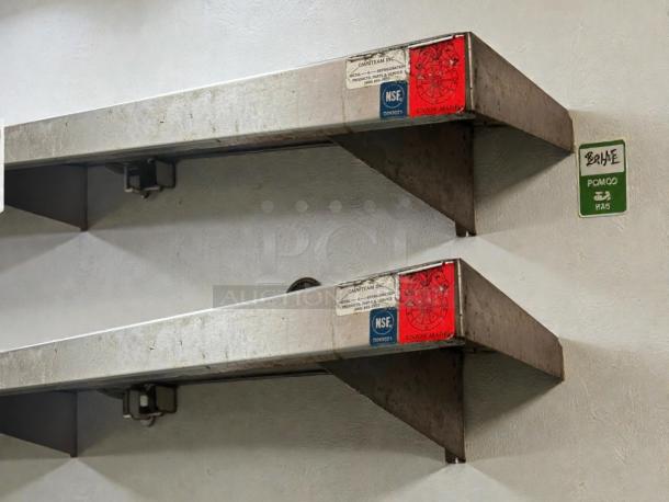 OMNITEAM stainless steel L-shaped corner wall shelves, 8x8 ft, 15" depth. Features NSF and Union Made labels. Unique find.