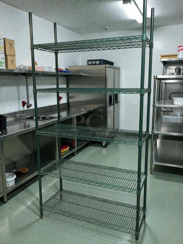 Titan green epoxy wire shelving, 47.5"x18" in amazing condition, ideal for wet environments, multiple tiers.