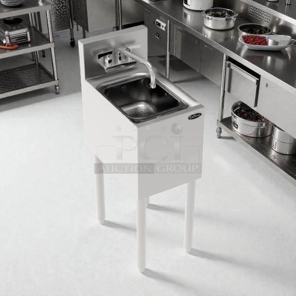 Krowne KR19-12DS 12" stainless steel underbar dump sink with faucet in excellent condition, freestanding.