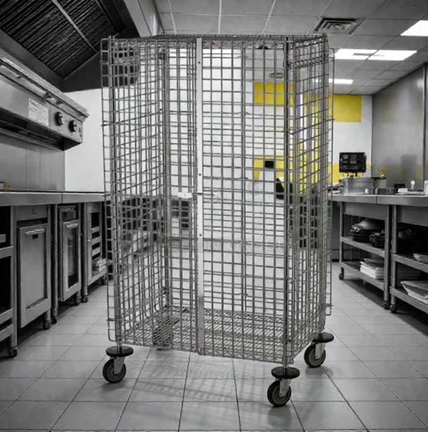 Metro NSF 36" mobile chrome wire security cage kit, heavy duty, in great condition, with locking doors and swivel casters.