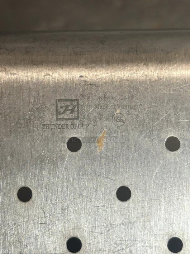 Thunder Group STPA3124PF perforated steam table pan, 1/2 size, 24 gauge, 4" deep, excellent condition, visible brand marking.