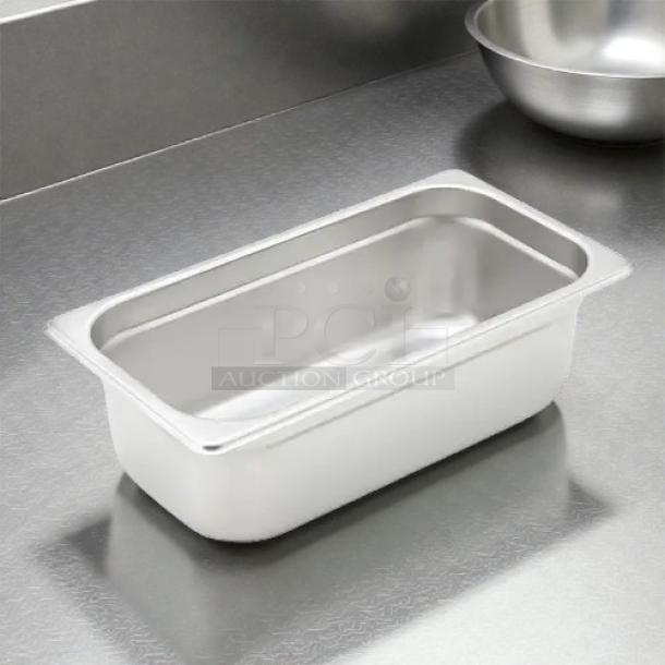 Winco SPJH-304 1/3 size stainless steel steam pan, 4" deep, heavy weight, great condition, on industrial surface.