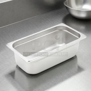 Winco SPJH-304 1/3 size stainless steel steam pan, 4" deep, heavy weight, great condition, on industrial surface.