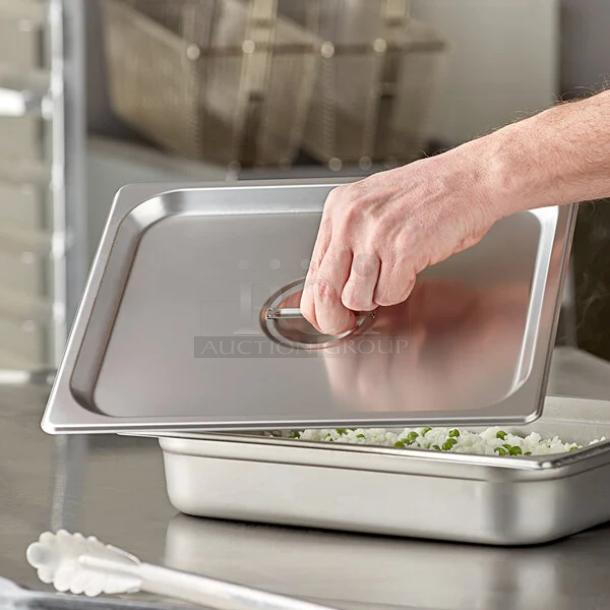 Choice 1/2 Size Stainless Steel Steam Table Pan Cover, solid, perfect condition, sturdy handle, ideal for hotel use.