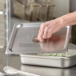 Choice 1/2 Size Stainless Steel Steam Table Pan Cover, solid, perfect condition, sturdy handle, ideal for hotel use.