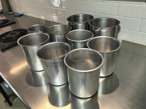 Vollrath stainless steel Bain Marie pots in good condition, various sizes from 5” to 7 1/2” diameter.