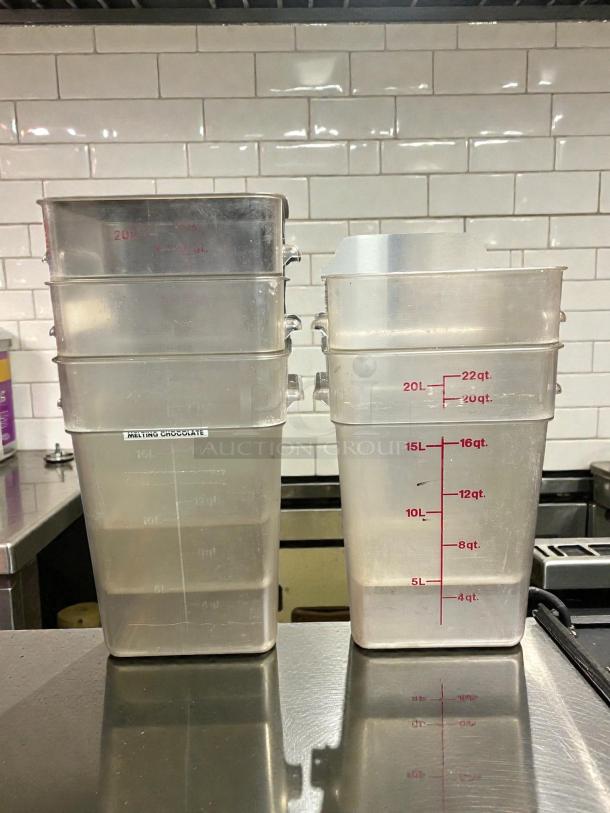 Cambro 22SFSCW441 22 qt square food storage container, polycarbonate, clear. Allergen-free with measurement markings visible.