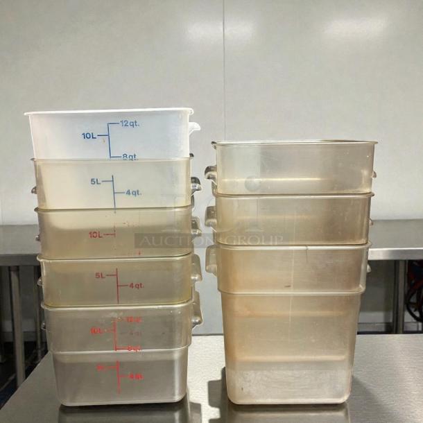 Cambro® square food storage containers, 12 qt. and 18 qt., in great condition. Clear with measurement markings.
