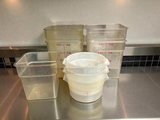 Cambro polycarbonate storage containers, 1qt-8qt sizes, excellent condition, clear with red measurement markings.