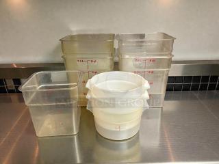 Cambro polycarbonate storage containers, 1qt-8qt sizes, excellent condition, clear with red measurement markings.