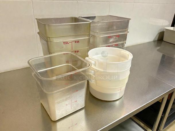 Cambro polycarbonate storage containers, 1qt-8qt sizes, excellent condition, clear with red measurement markings.