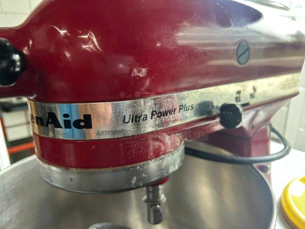 Red KitchenAid Artisan Stand Mixer, 5-qt, with "Ultra Power Plus" label, in immaculate condition. Tested & working.
