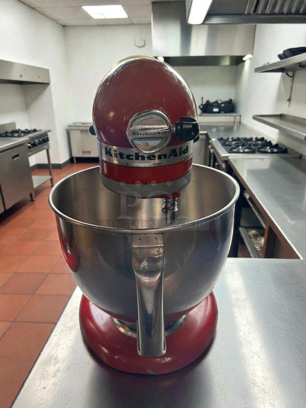 KitchenAid® Artisan Stand Mixer, 5-qt, red, immaculate condition, tested and working, stainless steel bowl.