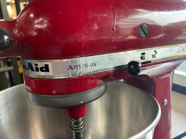 Red KitchenAid Artisan Stand Mixer, 5-qt, immaculate condition with visible model label, tested and working.