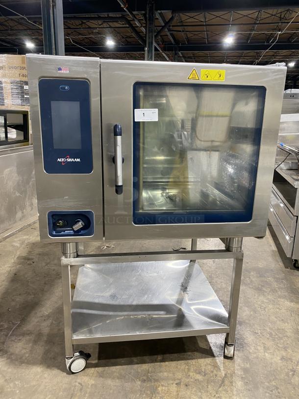 Alto-Shaam CTP720G stainless steel convection oven with stand, natural gas, model CTP7-20G, 120V 1 Phase, on wheels.