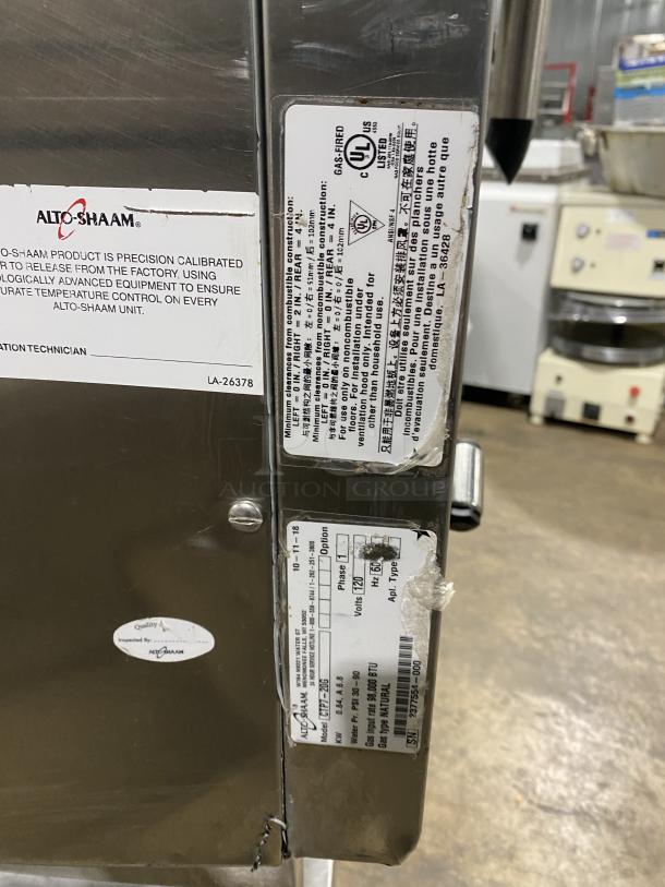 Alto-Shaam Combitherm convection oven model CTP720G with gas power, stainless steel, on legs, includes manufacturer labels.