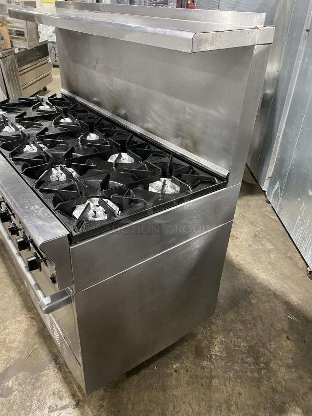 U.S. Range Performer Series 10 burner range/double oven, stainless steel, model PS102626RC, with backsplash & salamander shelf.