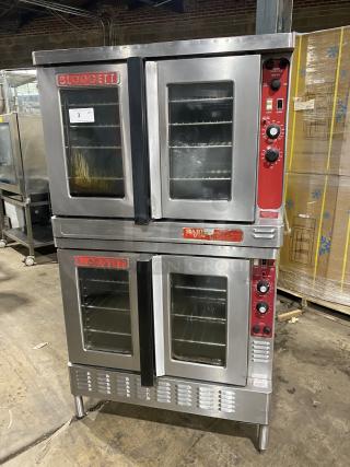 Blodgett Mark-V stainless steel double convection oven, electric powered, solid state thermostat, wired racks, on legs.