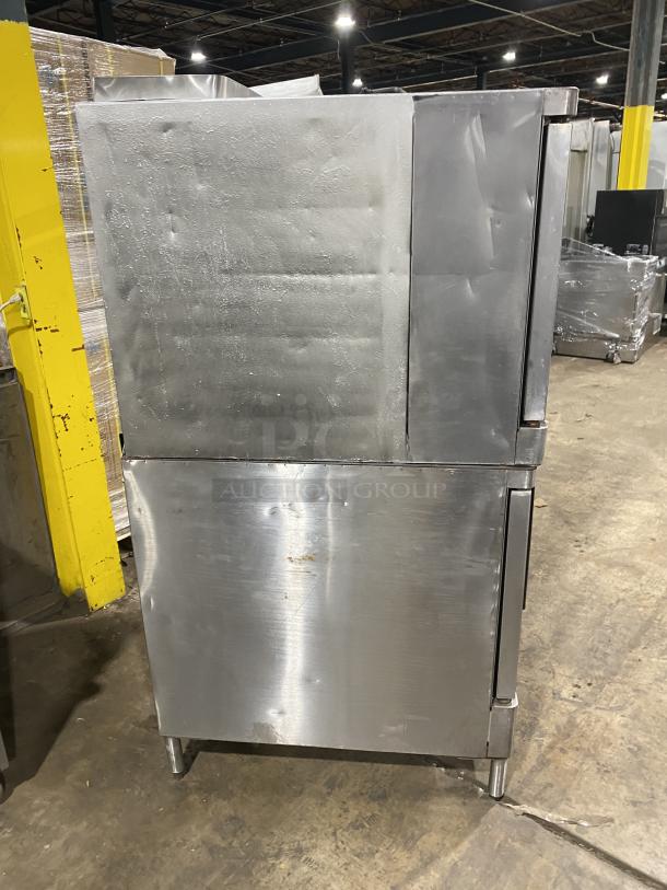 Blodgett Mark-V Series stainless steel double-stacked convection oven, electric powered, with solid state thermostat, on legs.