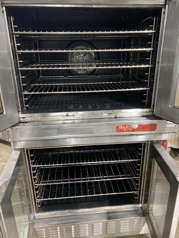 Blodgett Mark-V Series commercial stainless steel double convection oven, electric, solid state thermostat, with wired racks.