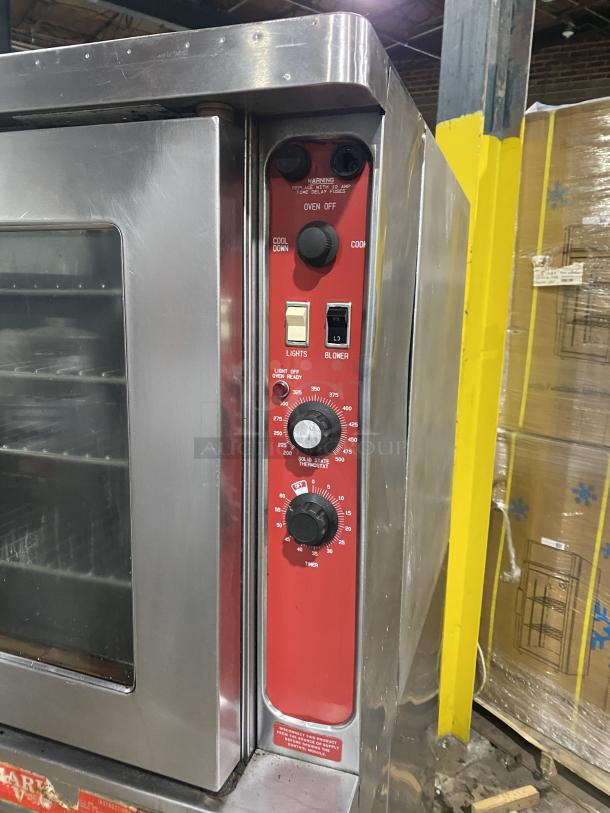 Blodgett Mark-V Series double-stacked stainless steel convection oven, electric, solid state thermostat, on legs, excellent condition.