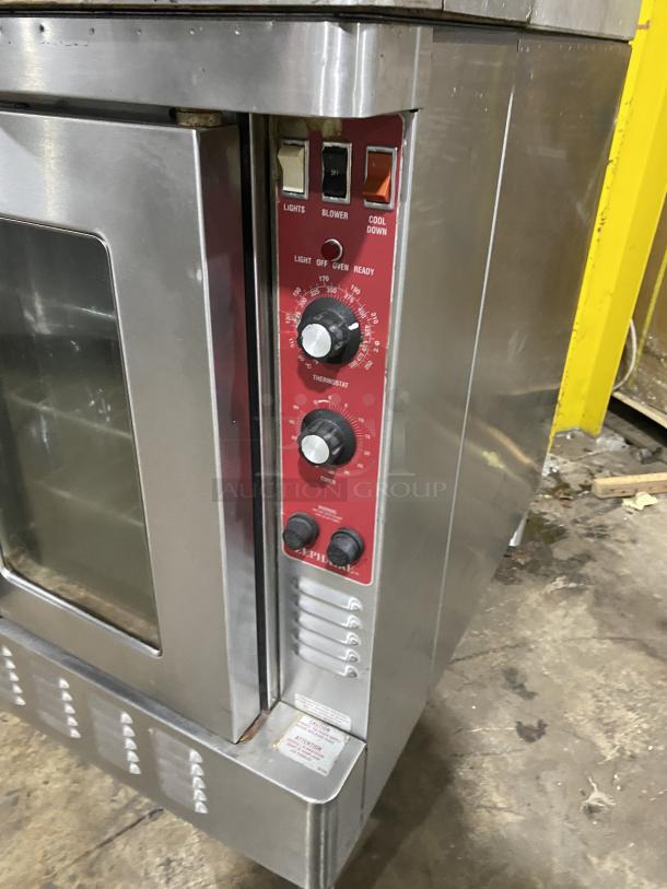 Blodgett Mark-V Series double stacked stainless steel convection oven with solid state thermostat, wired rack, and control panel.