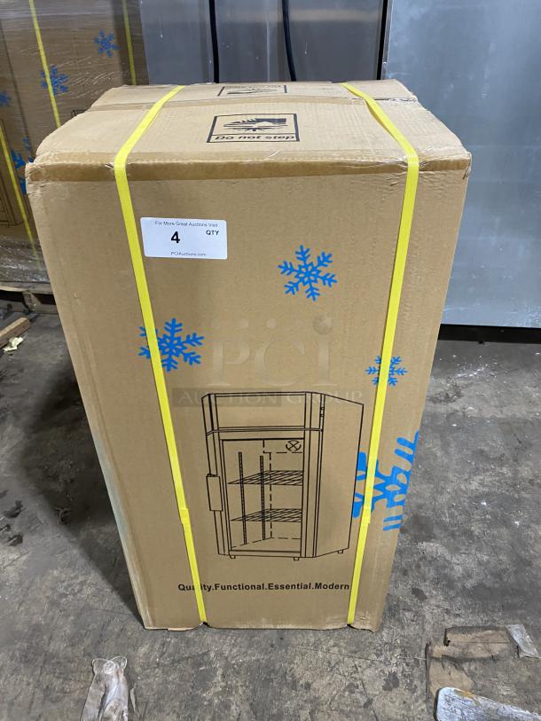 Brand new ProCool T-80L display refrigerator in box, features single glass door, black finish, commercial use.