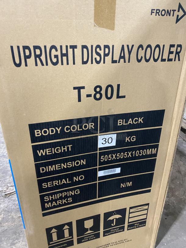 ProCool T80L Commercial Display Refrigerator in box. Black, single glass door; 30 kg; 505x505x1030mm. Brand new.