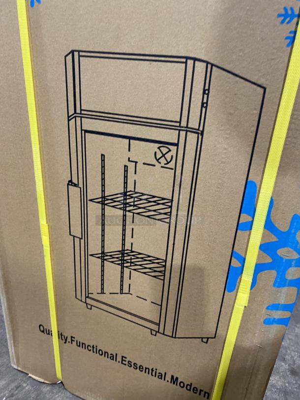 ProCool T80L commercial glass door countertop refrigerator in packaging, showing model illustration and quality features. Brand new.